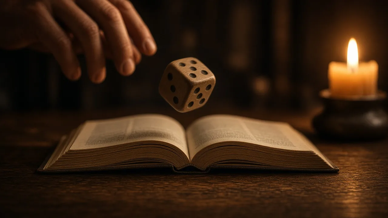 A hand releases a wooden die above an open Bible on a dark oak table