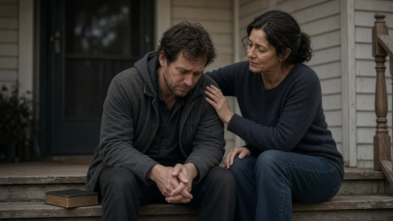 Two people sit on a porch step with a closed Bible between them in shared silence