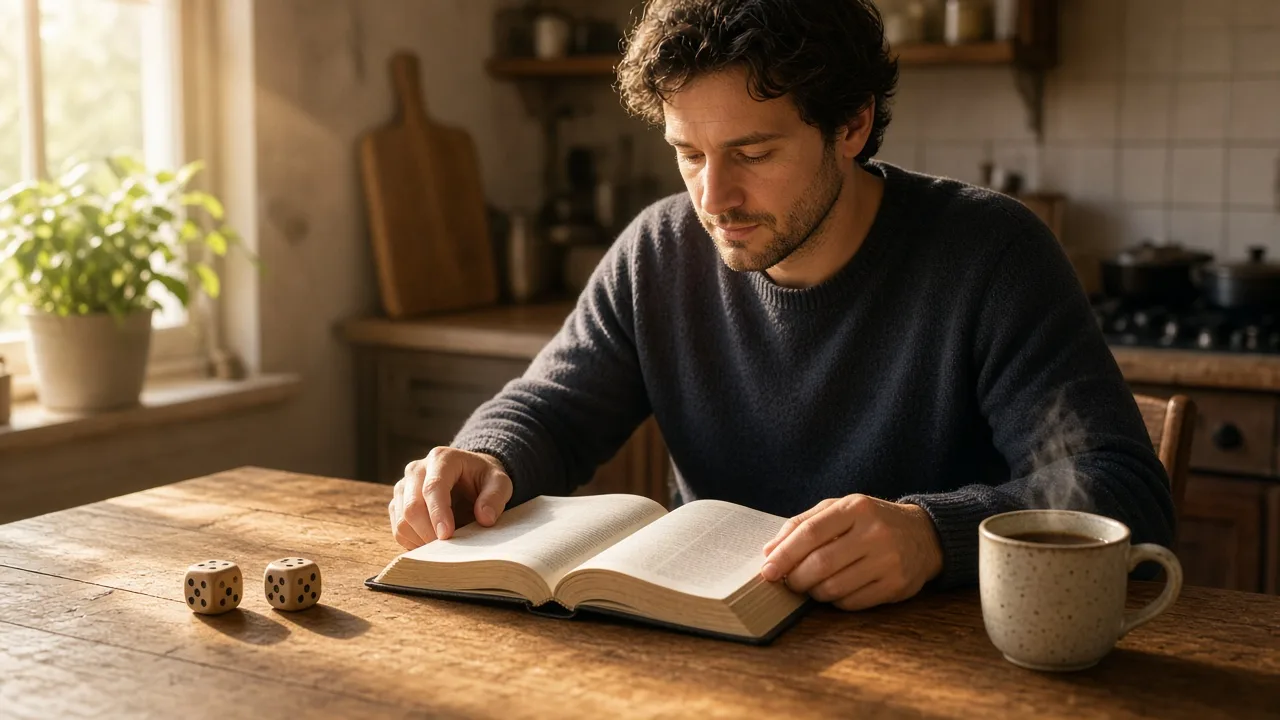 A person opens a Bible at a kitchen table after rolling wooden dice in the morning light